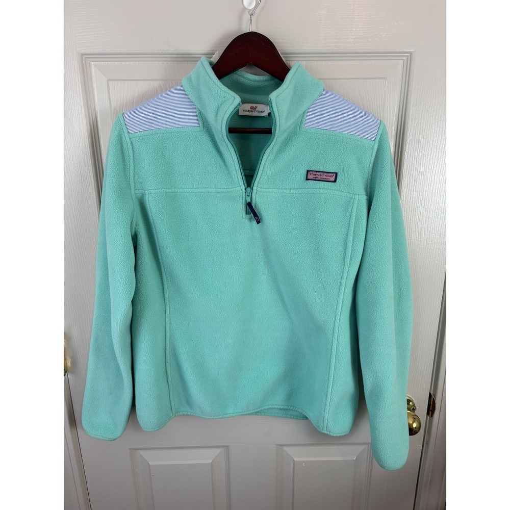 Vineyard Vines Fleece Pullover Women M Mint Green Excellent Seersucker Trim Zip
